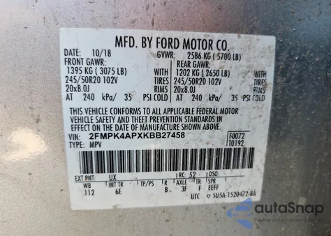 2019 Ford Edge St из США, поврежденный, VIN 2FMPK4APXKBB27458